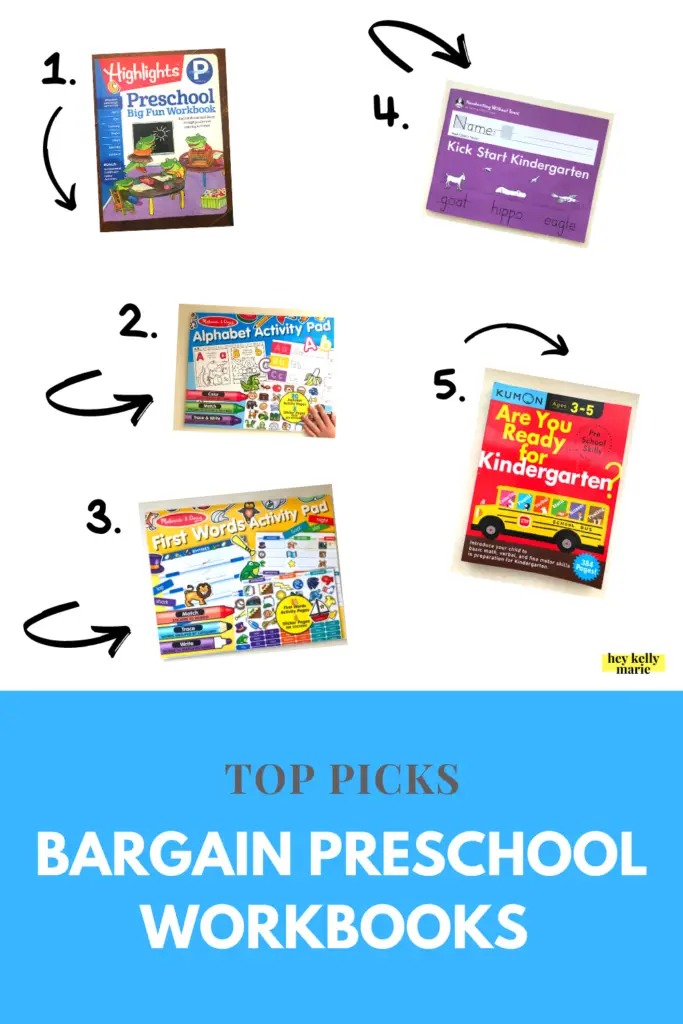 pinterest pin describing top picks under $11 bargain preschool workbooks