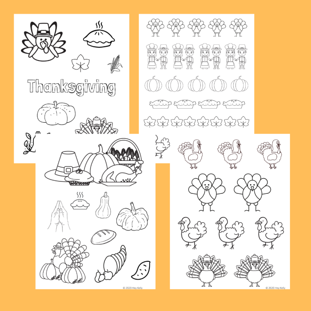 Preview of free, printable Thanksgiving coloring sheets.