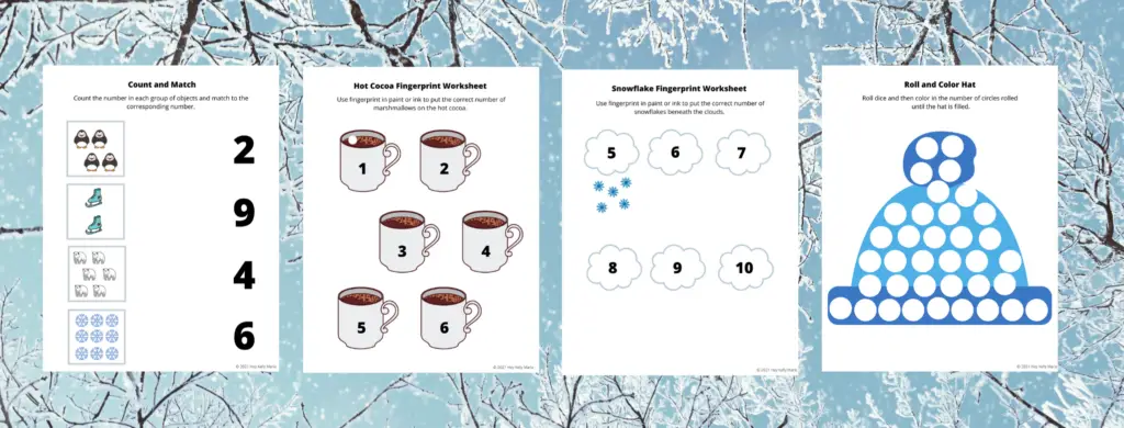 Pages 5-8 of the Winter Themed Worksheets