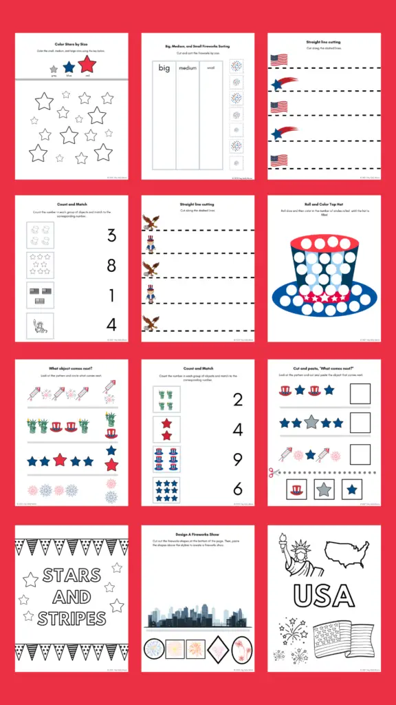 preview images of 12 of the patriotic printable preschool activities for kids