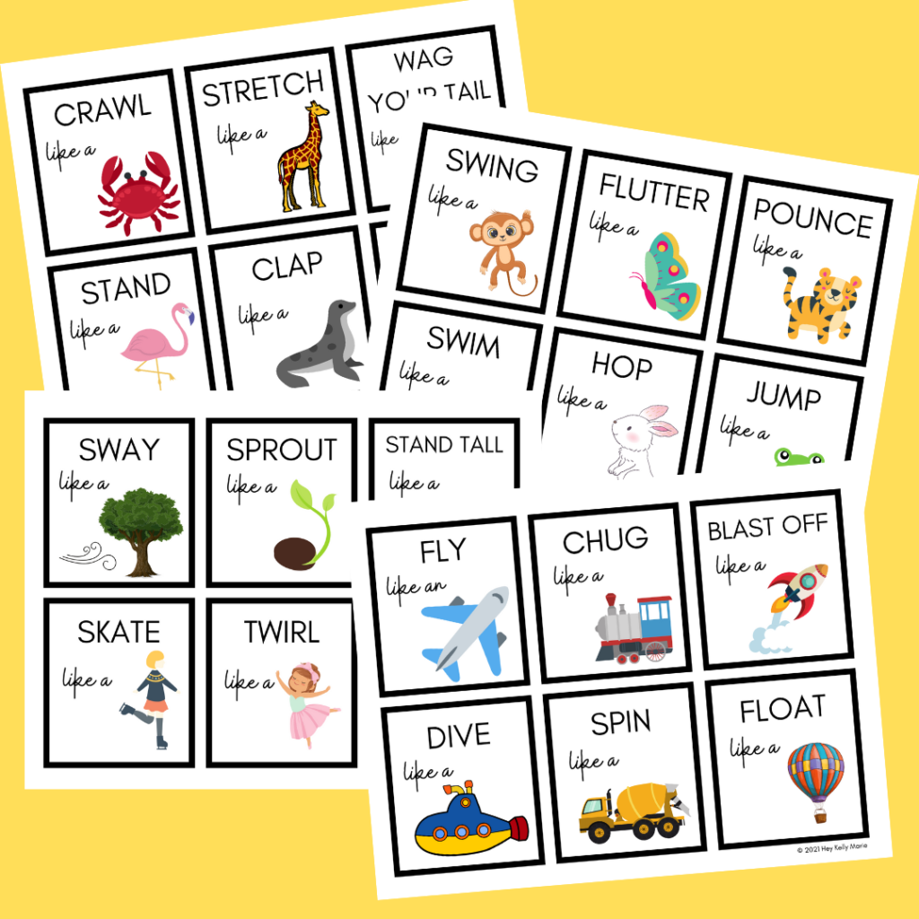 Preview of Free, Printable Movement Activity Cards. Kids can act out one card at a time.