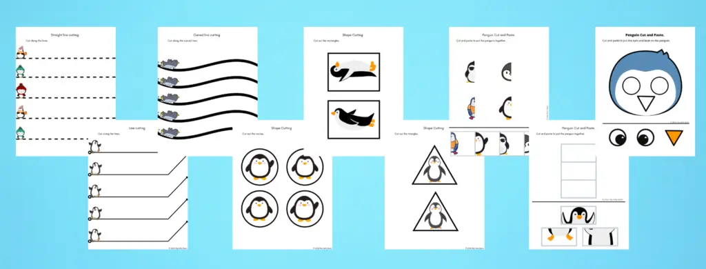 Preview of the 9 Free, Printable Penguin Cutting Pages 