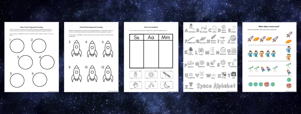 Fingerprint Counting, Picture Sound Match, Space Alphabet, and Patterning Activities