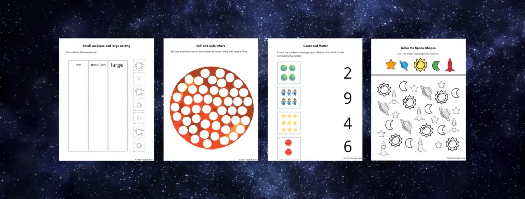 Size Sorting Worksheet, Roll and Color Mars, Count and Match Activities, Color Space Shapes by Key