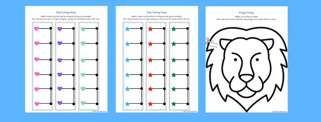 free printable snip and fringe cutting practice sheets for kids to practice fine motor skills.