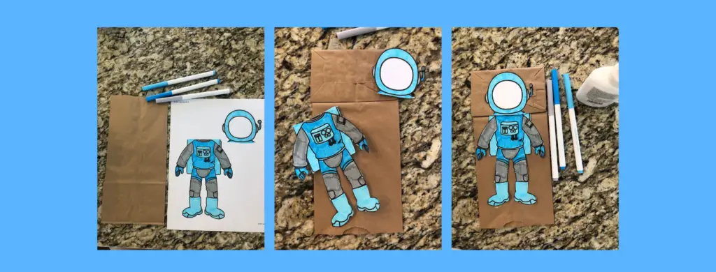 Step-by-step images of the Astronaut Paper Bag Puppet Activity